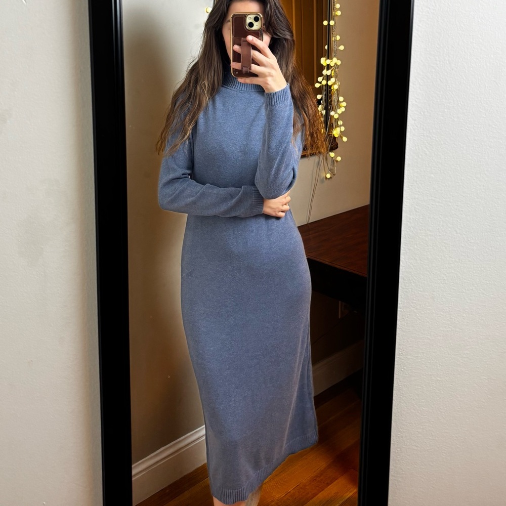 Peruvian Connection Soft Blue Long Sleeve sweater  knit midi Dress turtleneck